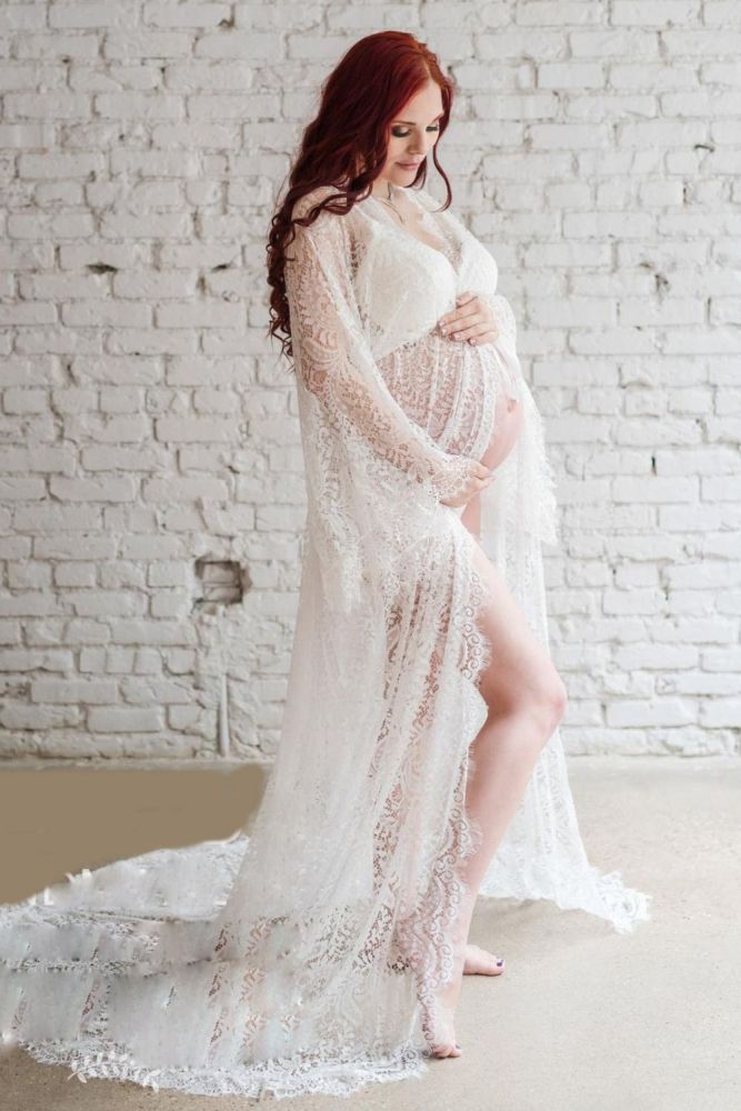 Sexy White Maternity Lace Drawstring Mopping  Photoshoot Gowns Dress