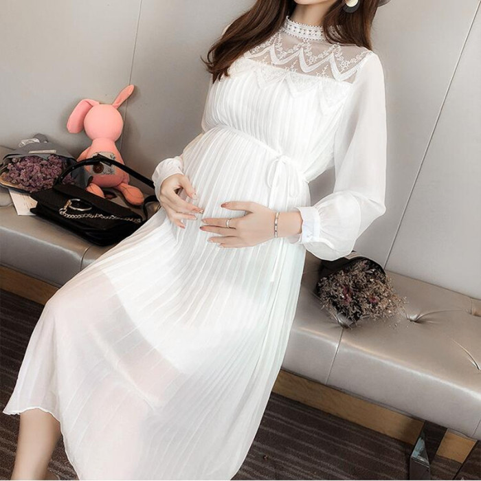 Maternity Lace Pleated Sexy Fashion Loose Long Sleeves  Midi Dress