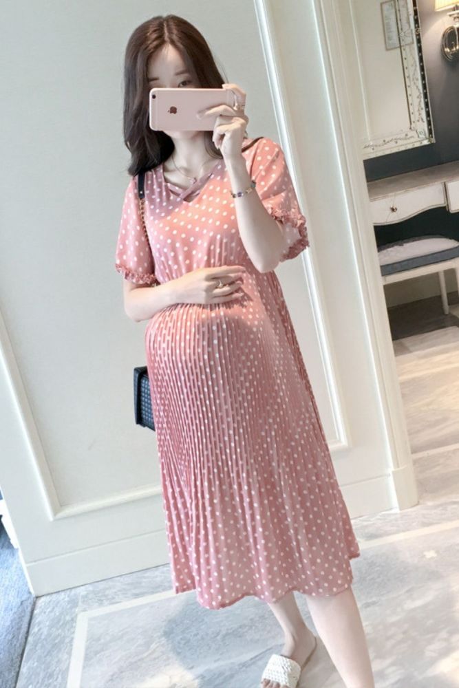 Maternity Chiffon Elegant Short Sleeve V Neck Dot Pleated  Midi Dress