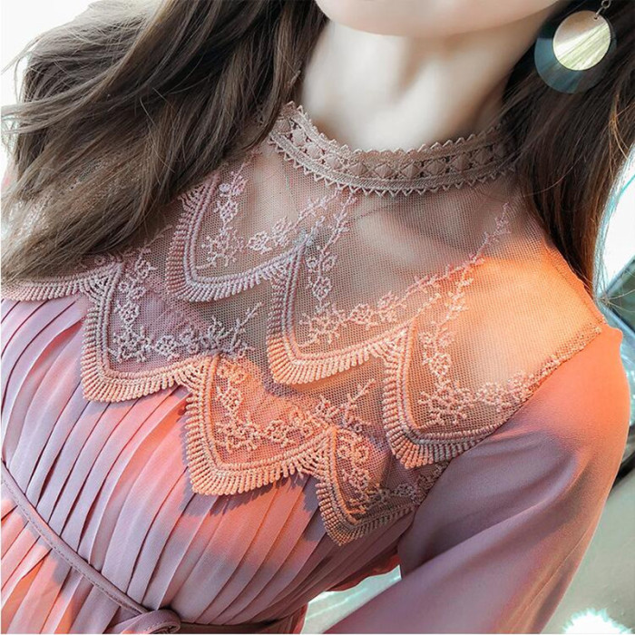 Maternity Lace Pleated Sexy Fashion Loose Long Sleeves  Midi Dress