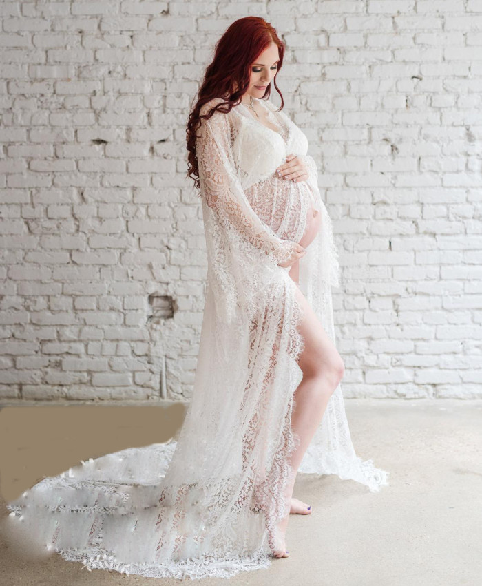 Sexy White Maternity Lace Drawstring Mopping  Photoshoot Gowns Dress
