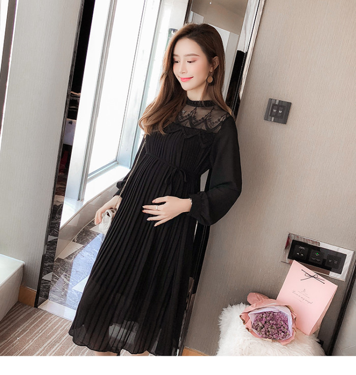 Maternity Lace Pleated Sexy Fashion Loose Long Sleeves  Midi Dress