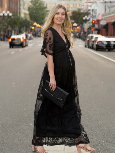 Maternity V-Neck White Lace Short Sleeve Floor Style Maxi Dress