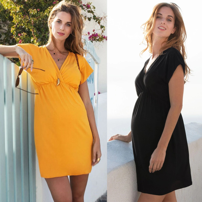 Maternity Solid Color V Neck Loose Breastfeeding Casual Dress