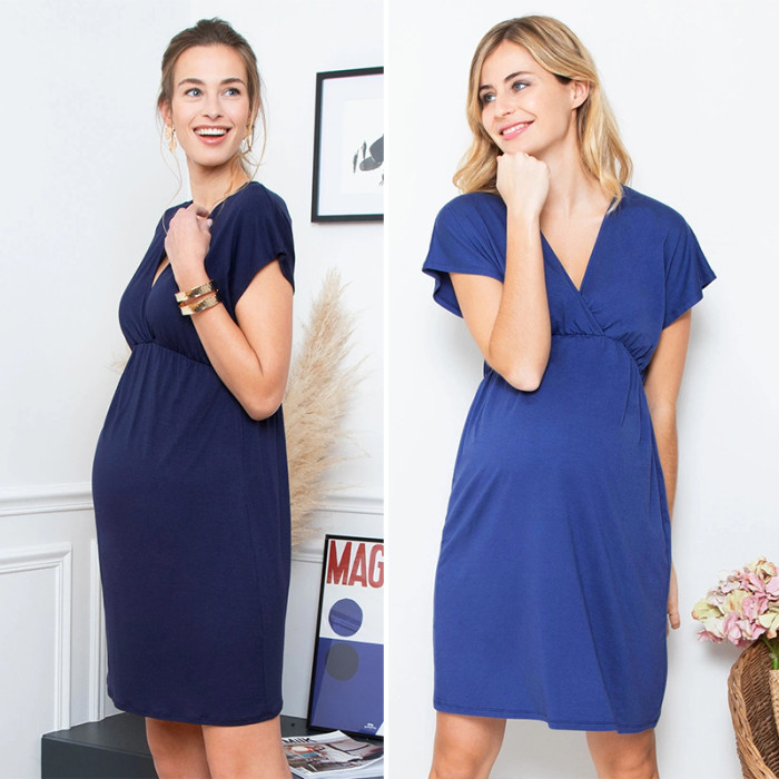 Maternity Solid Color V Neck Loose Breastfeeding Casual Dress