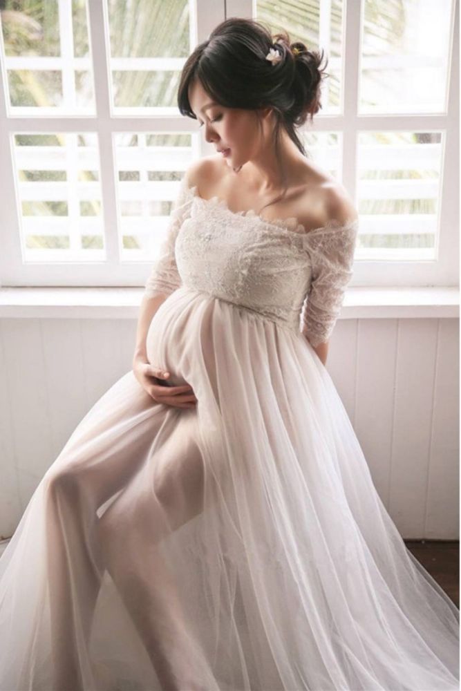 New Pregnant Women's Long Off-The-Shoulder Lace Fancy Sexy  Photoshoot Gowns