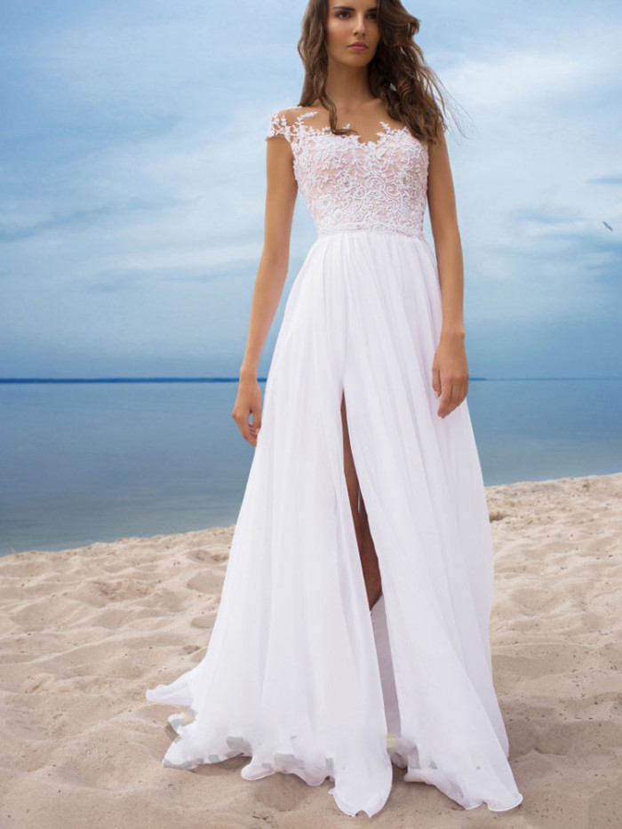 White Women Maxi Party Dress Robes V-neck Lace Chiffon Flower Hollow Prom Boho Split Dresses
