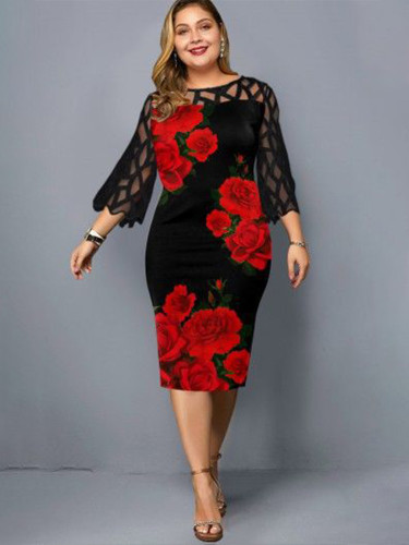 Mesh Dress Long Sleeve With Lace Plus Size Rose Hollow Out Casual Mesh Round Neck Oversized Summer Elegant Dress