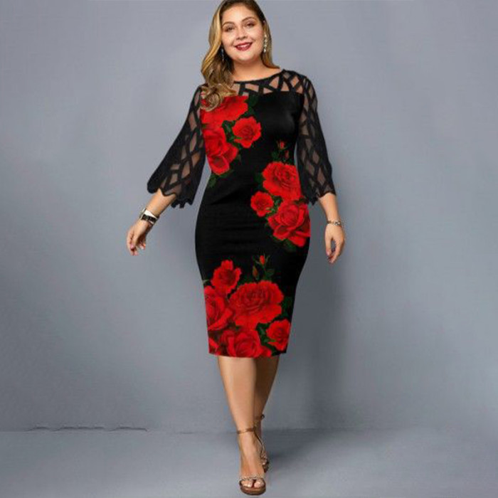 Mesh Dress Long Sleeve With Lace Plus Size Rose Hollow Out Casual Mesh Round Neck Oversized Summer Elegant Dress