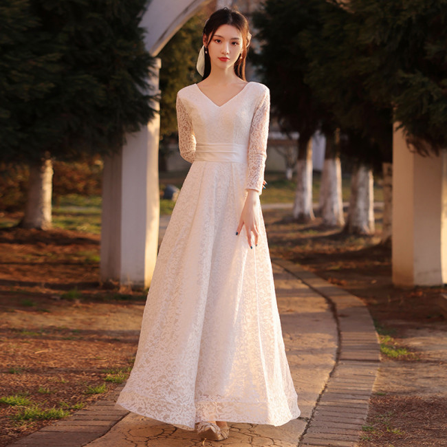 Women Party Gowns V-Neck Lace Sleeve Elegant Fairy Semi-Formal Dress