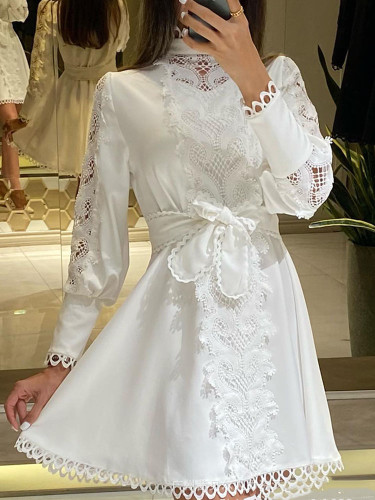 Women Midi Dress Sexy White Lace Hook Flower Hollow Patchwork Boho Wedding Party Dress
