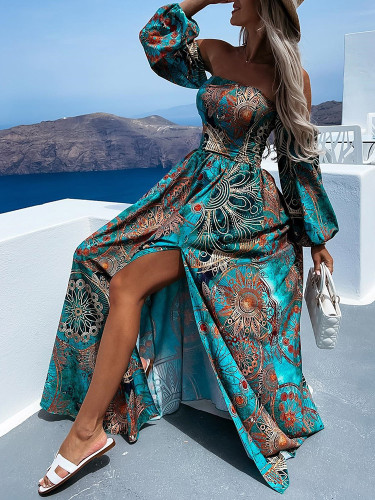 Slash Neck Backless Wrapped Chest Party Dress Spring Autumn Beach Style Printing Vintage Dress