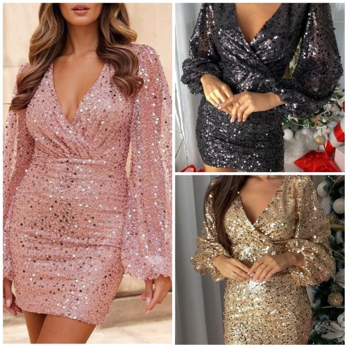 Sequined Bodycon Dress Deep V Neck Backless Clubwear Party Mini Dresses