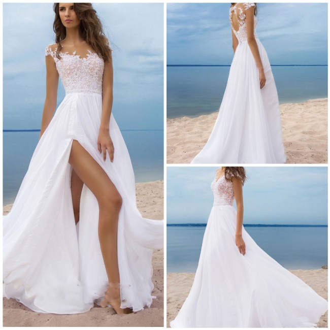 White Women Maxi Party Dress Robes V-neck Lace Chiffon Flower Hollow Prom Boho Split Dresses