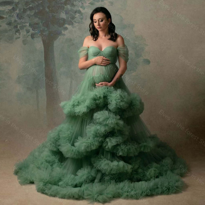 Fashion Maternity  Photoshoot Gowns Fluffy Layered Tulle Dress