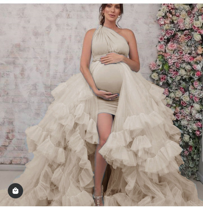One Shoulder Trendy Maternity  Photoshoot Gowns Layered Tulle Sexy Dress