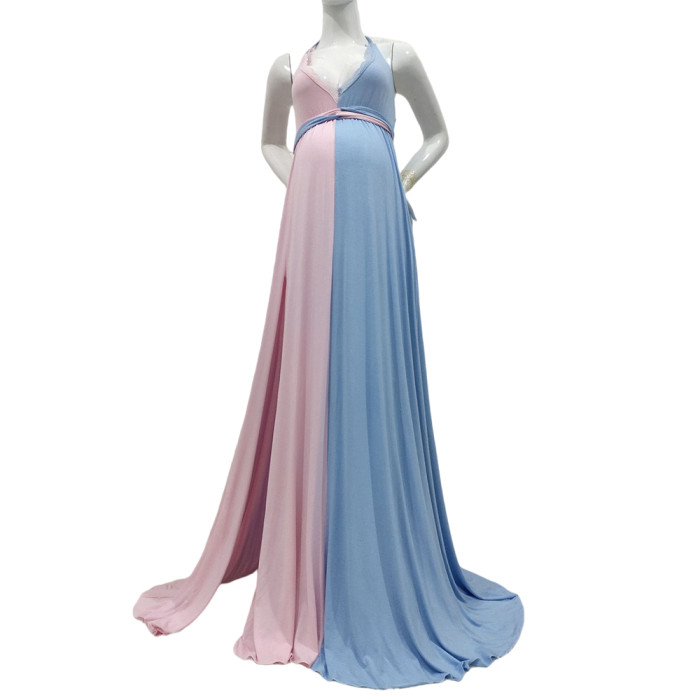 Pink and Blue Stitching Split V-neck Backless Maternity Dress for Photo Shoot