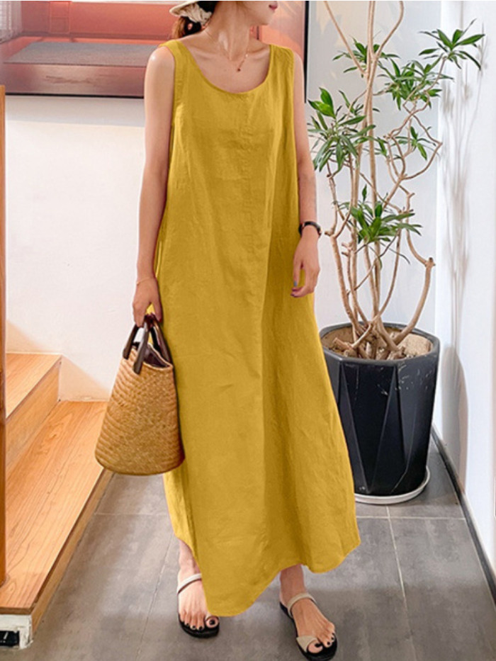 Fashion Solid Color Cotton Linen Loose Round Neck Casual Sleeveless Maxi Dress
