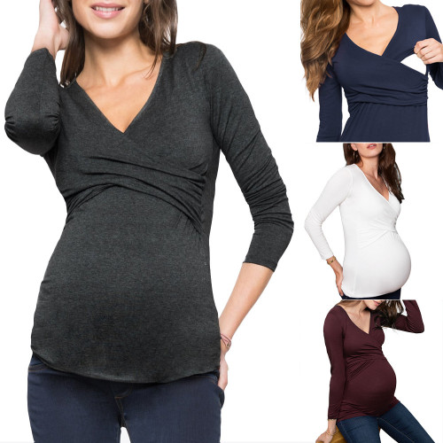 Fashion Breastfeeding Maternity Long Sleeve Solid Color Top T Shirts