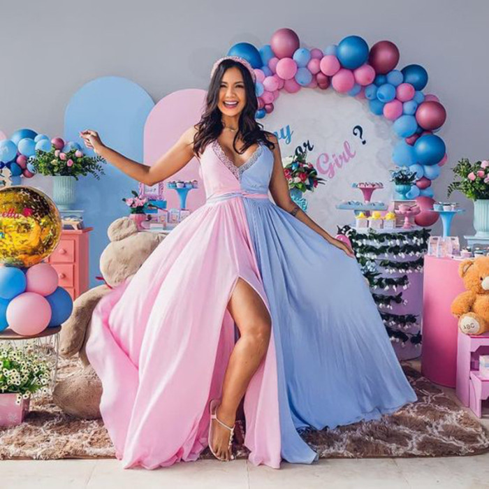 Pink and Blue Stitching Split V-neck Backless Maternity Dress for Photo Shoot