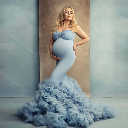 Trendy Light Blue Maternity  Photoshoot Gowns Boho Ruffled Tulle Sleeveless Dress