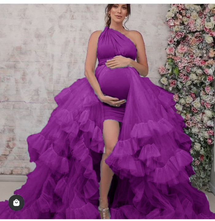 One Shoulder Trendy Maternity  Photoshoot Gowns Layered Tulle Sexy Dress
