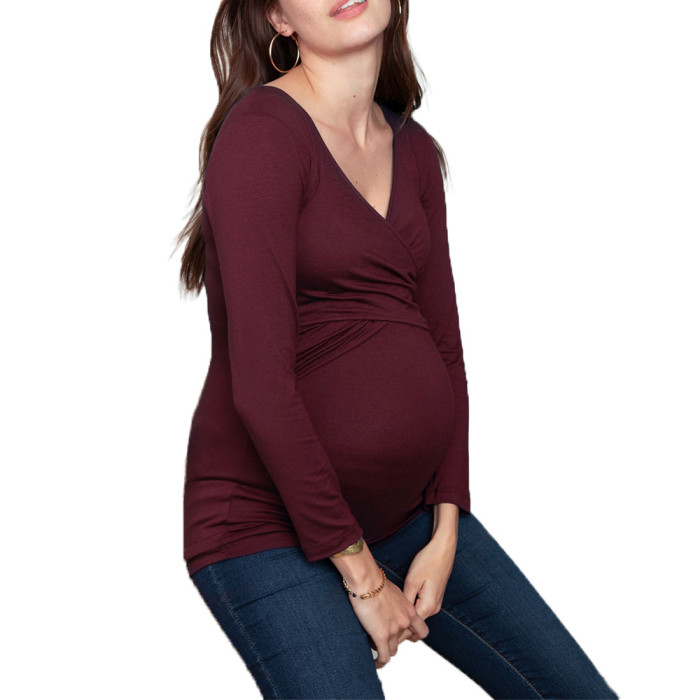 Fashion Breastfeeding Maternity Long Sleeve Solid Color Top T Shirts