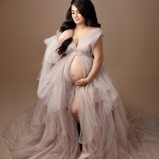 Fashion Solid Color Elegant V Neck Tulle  Photoshoot Gowns  Maternity Dress