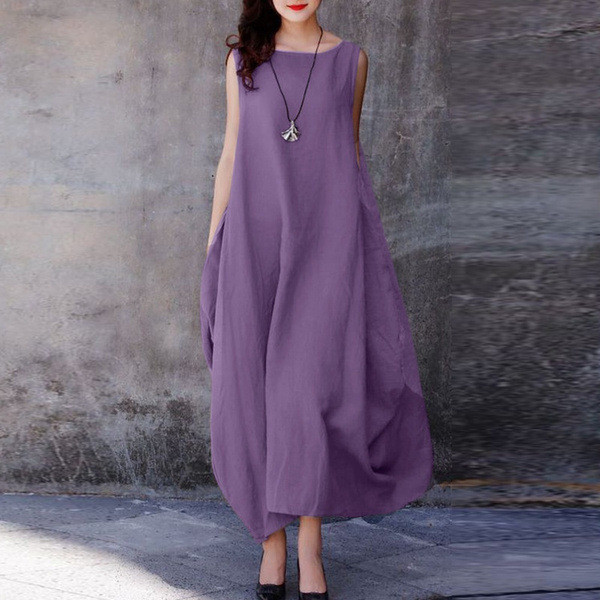 Cotton Linen Loose Casual Solid Color Round Neck Pocket  Maxi Dress