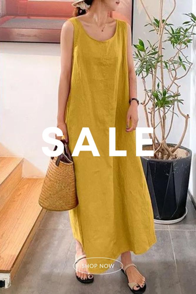 Fashion Solid Color Cotton Linen Loose Round Neck Casual Sleeveless Maxi Dress