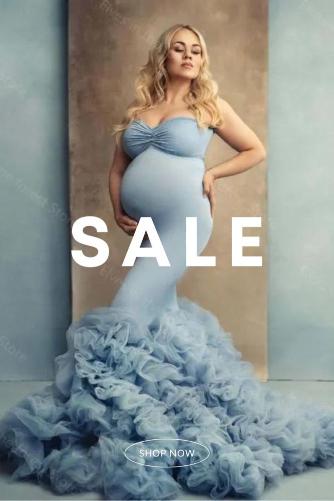 Trendy Light Blue Maternity  Photoshoot Gowns Boho Ruffled Tulle Sleeveless Dress