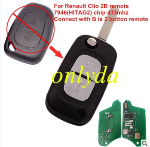 renault Clio 2 button remote key with 7946(HITAG2) chip  with 433mhz  blade: VA2