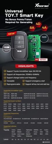Xhorse XSTO01EN TOY.T for Toyota XM38 Smart Key with Key Shell Support 4D 8A 4A