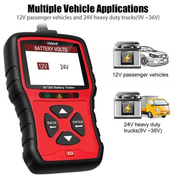 VIDENT iBT200 12V Car Battery Tester Cars Automotive Charger Analyzer 100 to 2000CCA 24V Trucks Vehicle Cranking Scanner Tool
