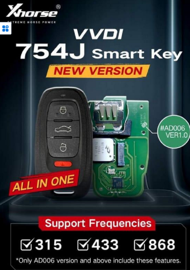 VVDI 754J Smart key please choose frequency 315mhz,434mhz,868mhz,not support for foreign key tool only support Chinese version