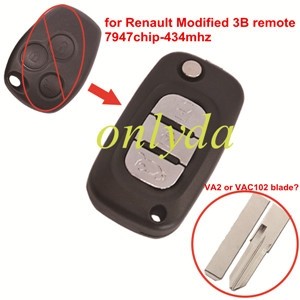 For Renault Modified 3 button remote key with 7947chip after 2008 year vehicles