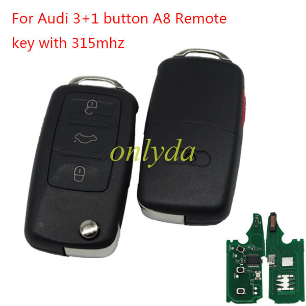 For Audi 3+1 button A8 Remote key with 315mhz/434mhz(with 46 chip. PCF7947,&PCF7941 Chip)