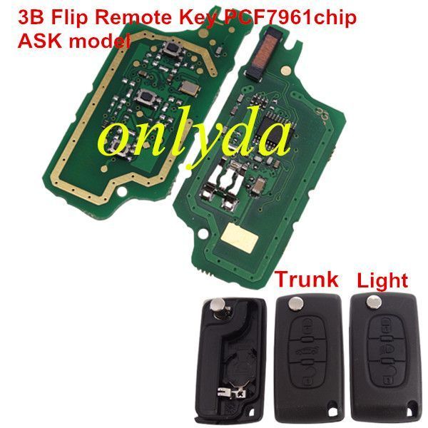 For Citroen 3 Button Flip Remote Key with 46 chip PCF7961 chip ASK model with VA2 and HU83 blade, trunk and light button , please choose the key shell