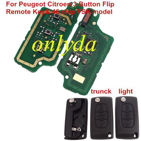 For Citroen 3 Button Flip Remote Key with 46 chip PCF7961 chip FSK model with VA2 and HU83 blade, trunk and light button , please choose the key shell
