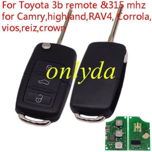 For Toyota 3 button remote key with 315 mhz for Camry,highland,RAV4,Corrola,vios,reiz,crown. (without chip,put your existing key chip into the new romote)