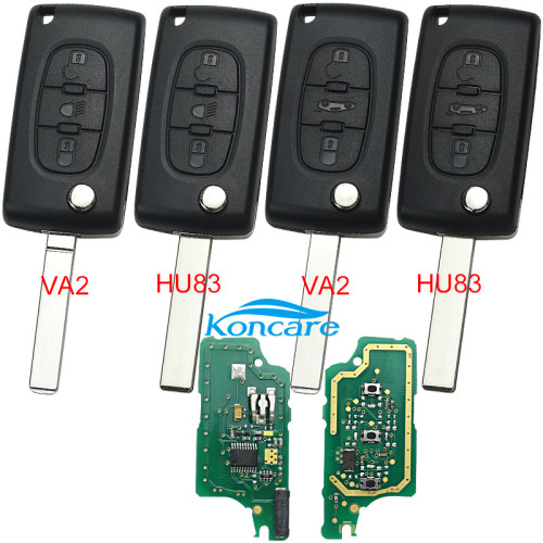 OEM PCB for Peugeot CE0536 3 Button Flip Remote Key with 46 chip PCF7941chip FSK model with VA2 and HU83 blade, trunk and light button , please choose the key shell original PCB with aftermarket shell