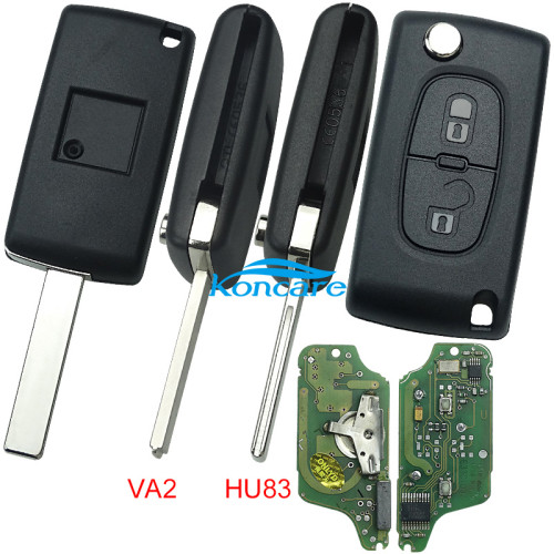 For OEM Peugeot 2 Button Flip Remote Key with 433mhz (battery on PCB) with ASK model with 46 PCF7941chip with VA2 and HU83 blade , please choose the key shell