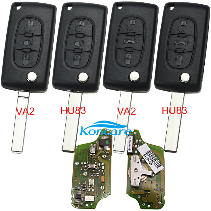 For OEM Peugeot 3 Button Flip Remote Key with 46 chip PCF7941chip ASK model with VA2 and HU83 blade, trunk and light button , please choose the key shell