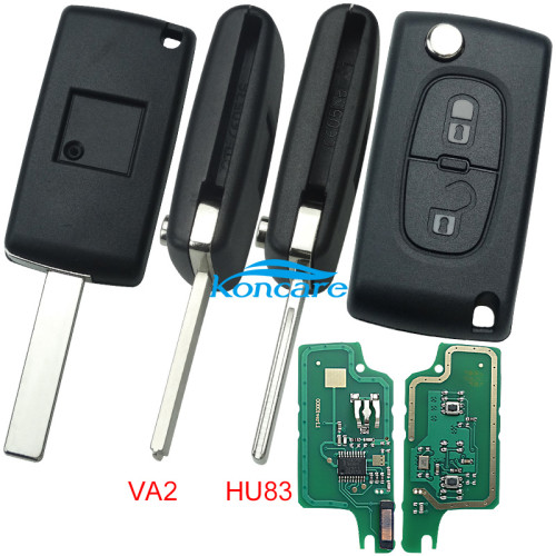 For Peugeot 2 Button Flip Remote Key with 46 chip PCF7961 FSK model with VA2 and HU83 blade , please choose the key shell