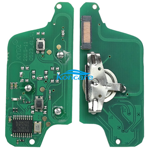 KYDZ Brand Peugeot CE0523 2 Button Flip Remote Key with 434mhz (battery on PCB) with ASK model with VA2 and HU83 blade , please choose the key shell with 46 chip