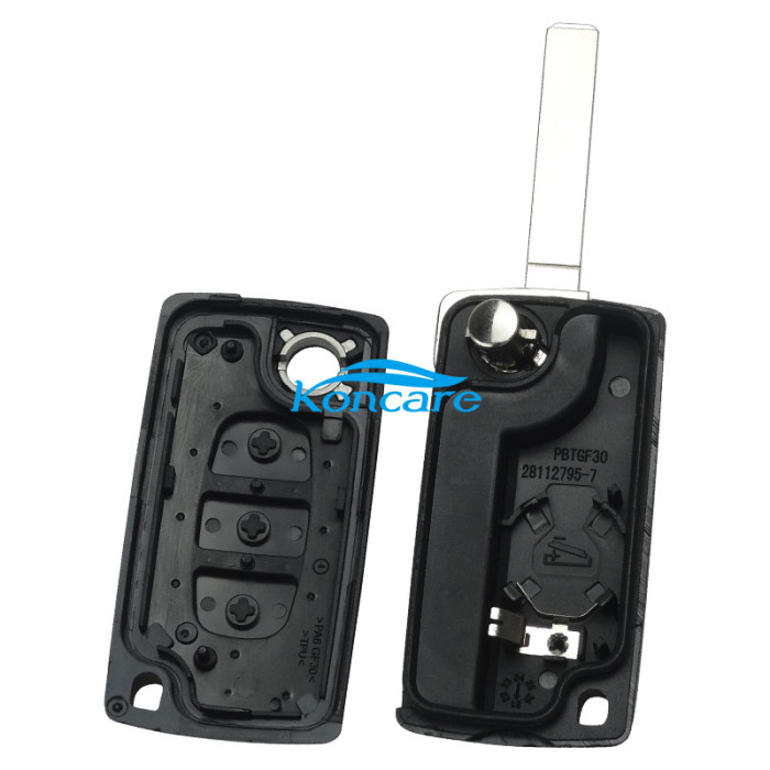 KYDZ Brand Peugeot CE0523 3 Button Flip Remote Key ASK model with VA2 and HU83 blade, trunk and light button , please choose the key shell, with 46 chip