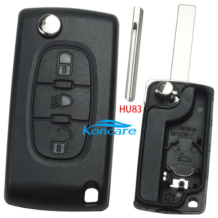 For Peugeot 407 3- button flip key shell with light button genuine factory high quality the blade is model - HU83-SH3-Light- with battery place