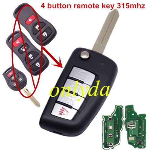 For Nissan 4 button remote key with 315mhz electronic wave model FCCID is KBRASTU15