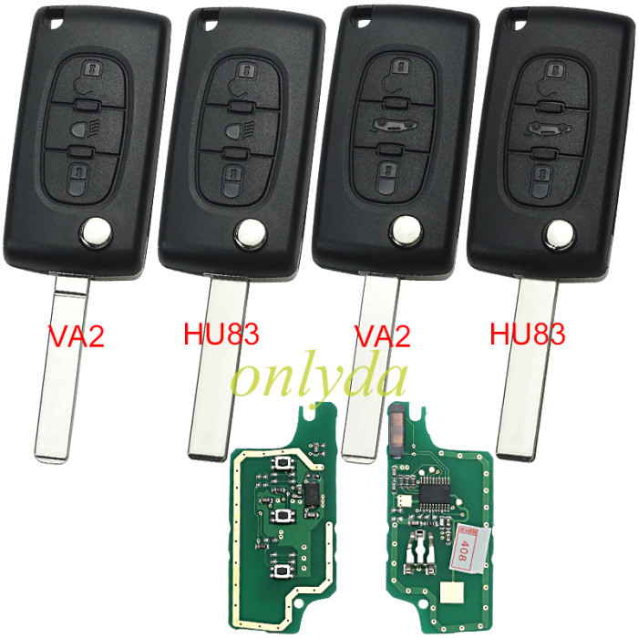 Free shipping KYDZ Brand Peugeut CE0536 3 Button Flip Remote Key FSK model with VA2 and HU83 blade, trunk and light button , please choose the key shell, with 46 chip