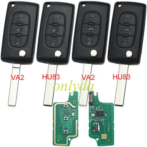 Free shipping KYDZ brand Peugeot CE0536 3 Button Flip Remote Key with 46 chip ASK model with VA2 and HU83 blade, trunk and light button , please choose the key shell